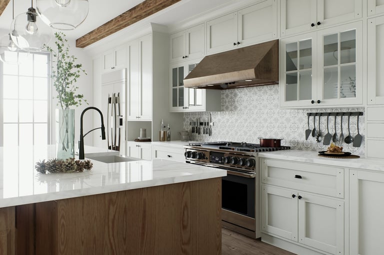 Traditional L-shaped kitchen with white cabinets