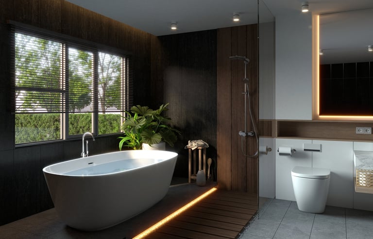 Modern bathroom with freestanding tub and natural light