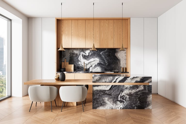 Contemporary kitchen with wood panel cabinets and marble island