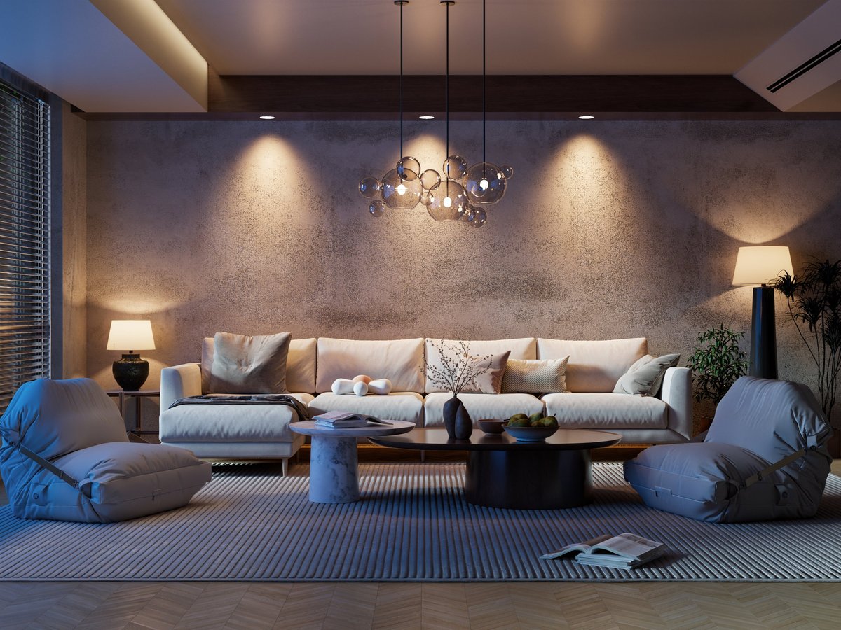 Modern living room with warm lighting